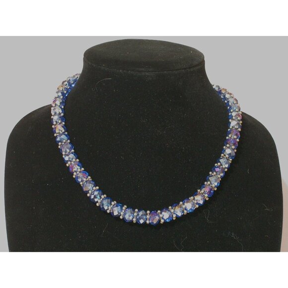 Handmade Faceted Blue Crystal Beaded Necklace With Silver Accents - Picture 2 of 2